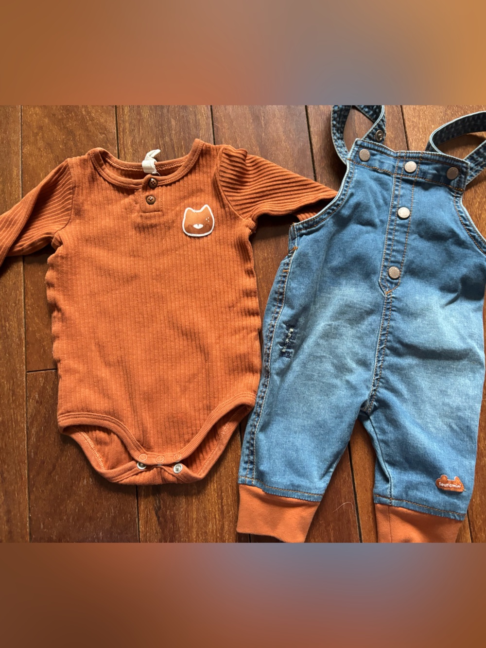 Rust Orange Ribbed Baby Bodysuit & Denim Overalls Set